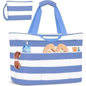 Women's Purple White Waterproof Sandproof Xl Tote Zipper Foldable Beach Bags